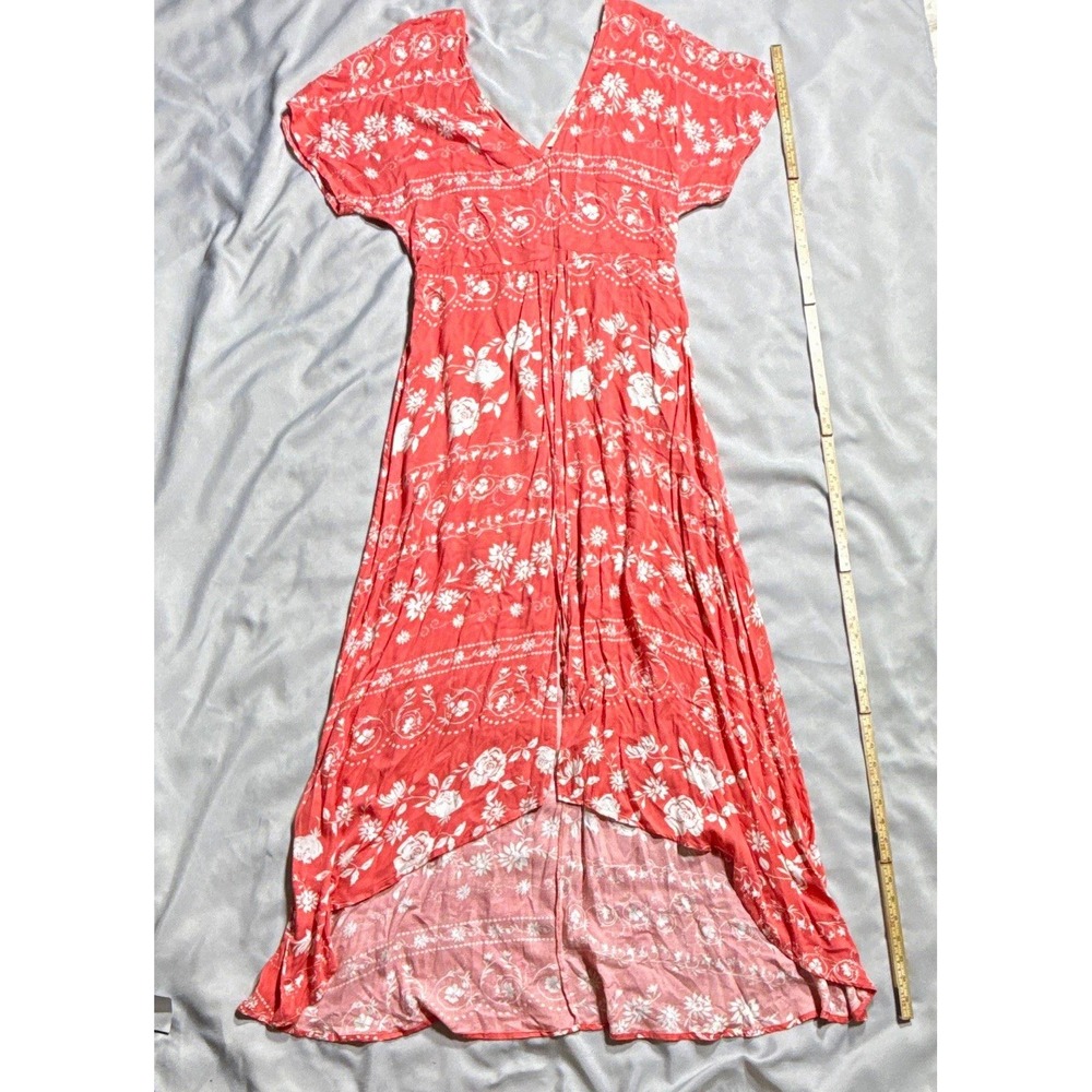 Lovestitch Women's Coral/White Floral V-Neck Maxi Tie Waist Rayon Dress M